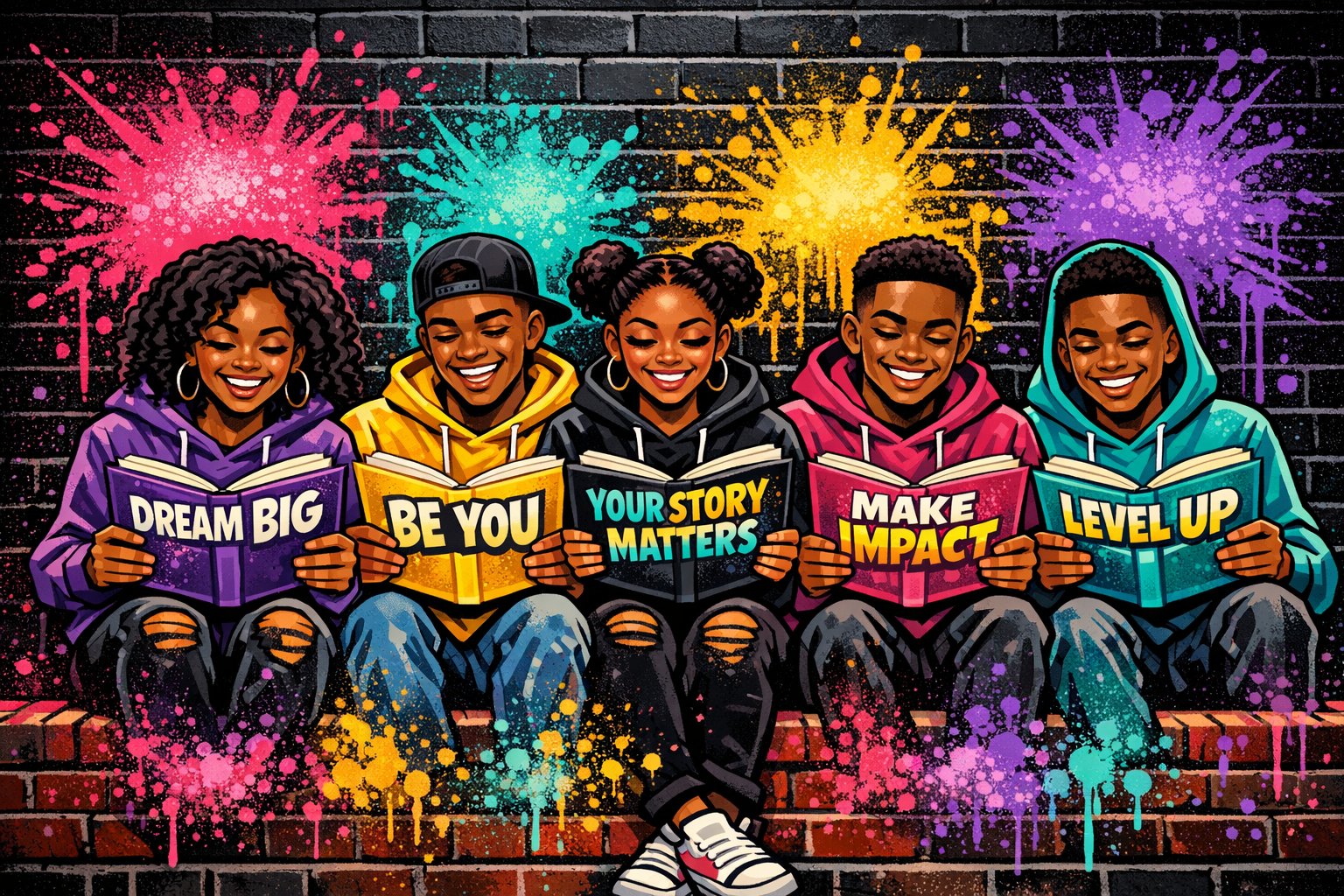 Five illustrated readers with books that say Dream Big, Be You, Your Story Matters, Make Impact, Level Up
