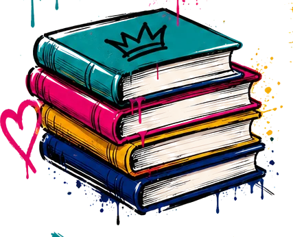 Stack of colorful painted books with a crown