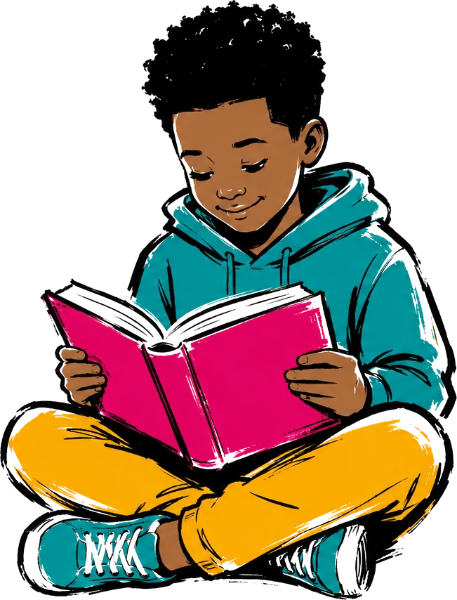 Illustrated boy reading a book