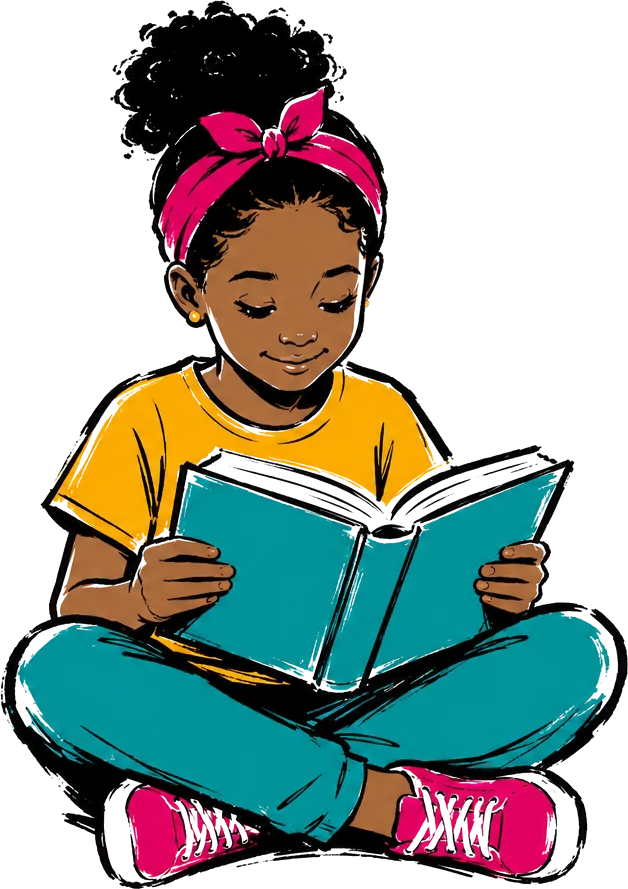 Illustrated girl reading a book